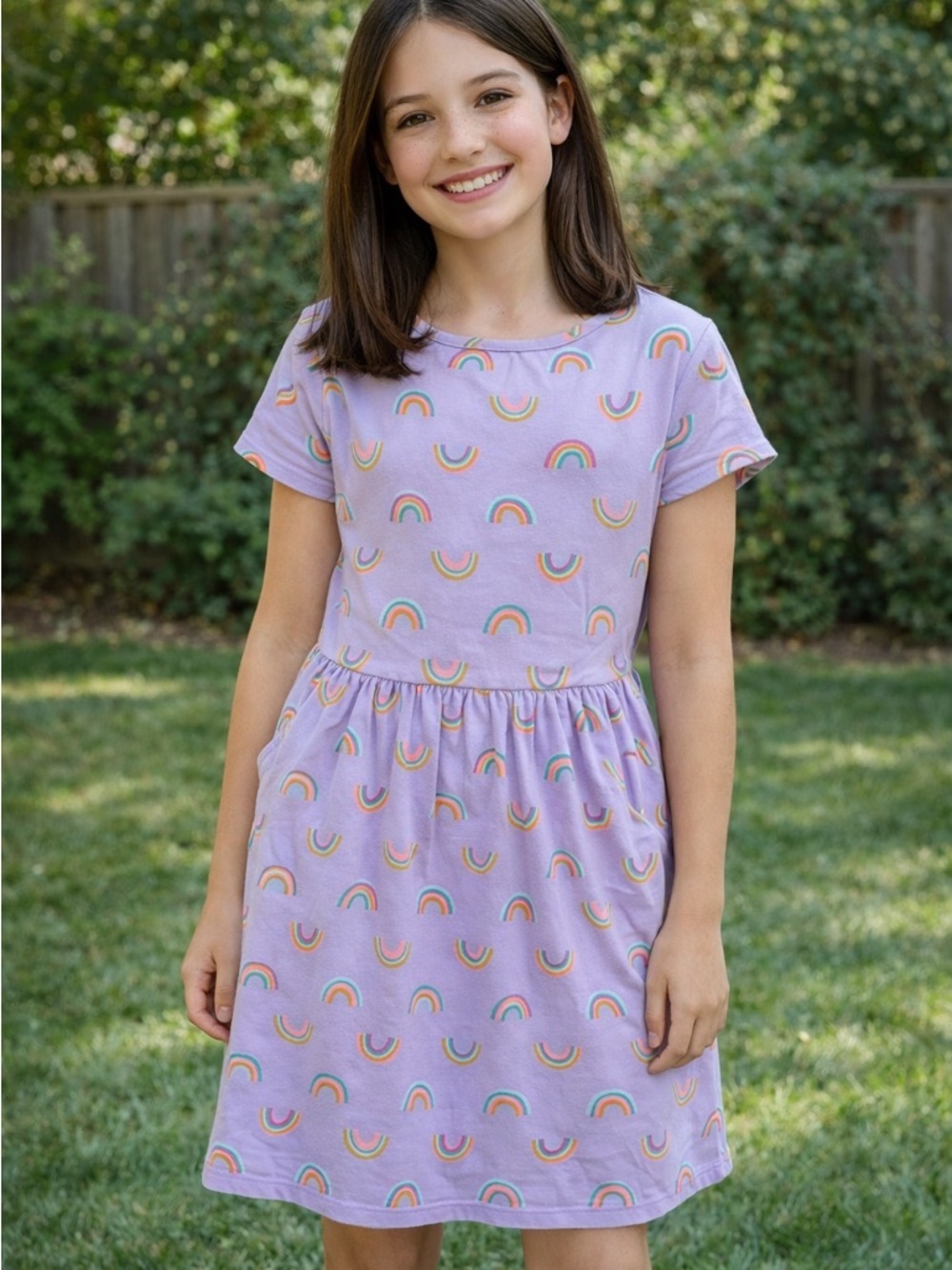 Cat & Jack Girls Lavender Rainbow Short Sleeve Dress Cotton Pocket Mid Length XL